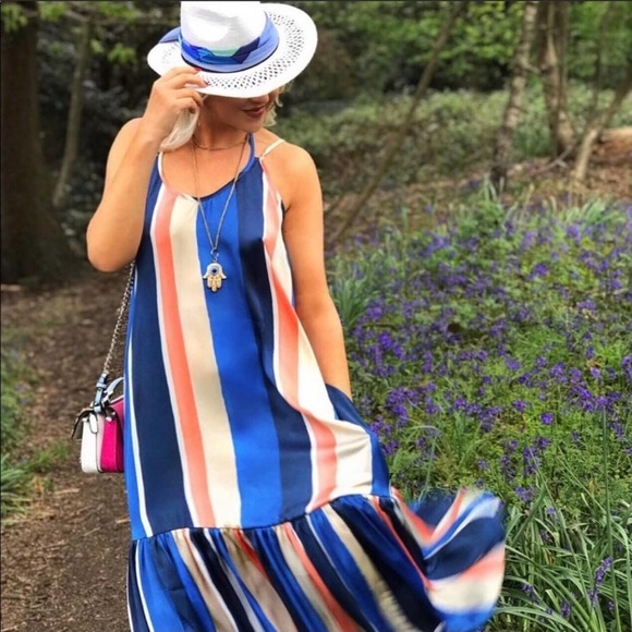 LEMLEM X H&M Blue and Pink Satin Ruffled Stripe Maxi Dress Size M - Picture 2 of 16